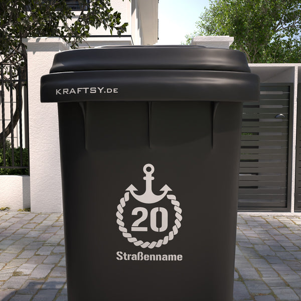 Mülltonnenaufkleber mit Adresse und Meeresmotiv mit Anker - 4er