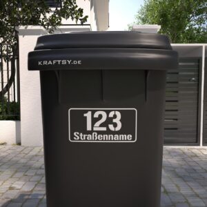 Mülltonne mit hausnummer Straßenname Aufkleber von vorne