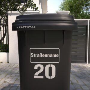Mülltonne mit Straßenname im rahmen und hausnummer darunter Aufkleber vorne