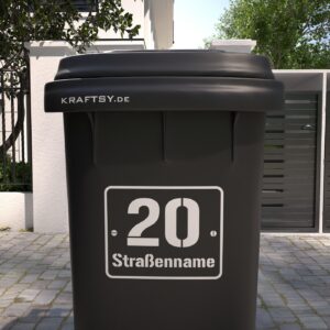 Mülltonne mit schild motiv Straßenname und hausnummer Aufkleber vorne