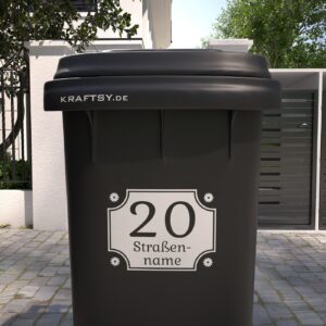 Mülltonne mit schild blumenmotiv Straßenname und hausnummer Aufkleber vorne