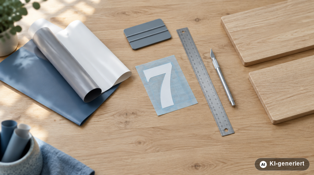 Werkbank mit Vinylfolie, Rakel, Lineal und Holzschildern (Mit KI erstellt)