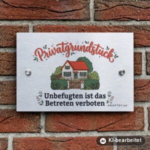 Schild Privatgrundstück Betreten verboten auf silber gebürsteter Aluminium-Verbundplatte, mit Abstandhaltern, an einer Hauswand