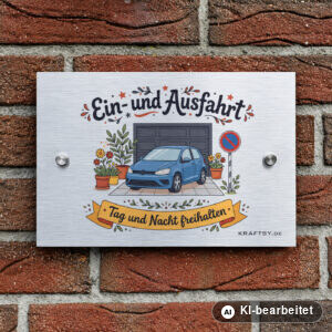 Schild Ein- und Ausfahrt freihalten mit Ihrem Auto auf silber gebürsteter Aluminium-Verbundplatte, mit Abstandhaltern, an einer Hauswand