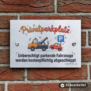 Schild Privatparkplatz auf silber gebürsteter Aluminium-Verbundplatte, mit Abstandhaltern, an einer Hauswand