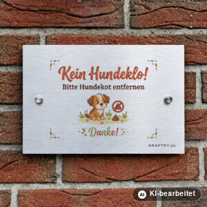 Schild Kein Hundeklo auf silber gebürsteter Aluminium-Verbundplatte, mit Abstandhaltern, an einer Hauswand