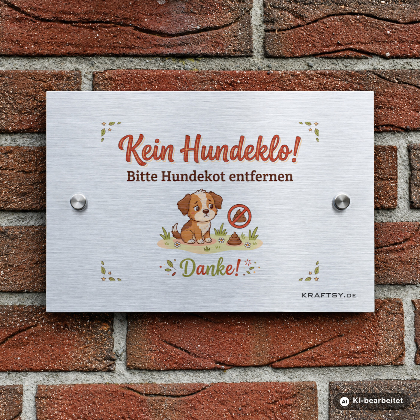 Schild Kein Hundeklo auf silber gebürsteter Aluminium-Verbundplatte, mit Abstandhaltern, an einer Hauswand