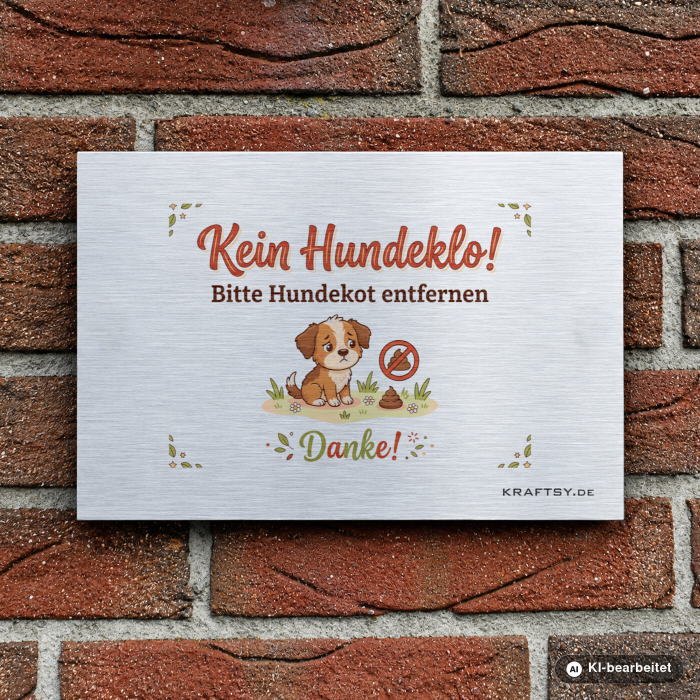 Schild Kein Hundeklo auf silber gebürsteter Aluminium-Verbundplatte, verdeckt montiert, schwebend, an einer Hauswand