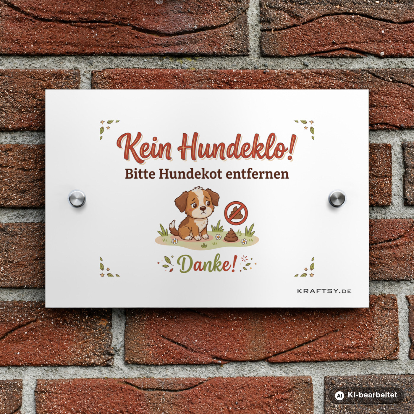 Schild Kein Hundeklo auf weißer Aluminium-Verbundplatte, mit Abstandhaltern, an einer Hauswand