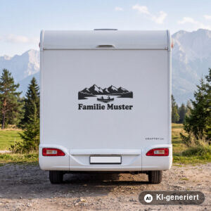Wohnmobil Aufkleber Kanu auf dem See mit Familienname in Schwarz matt am Heck eines weißen Wohnmobils (Mit KI erstellt)