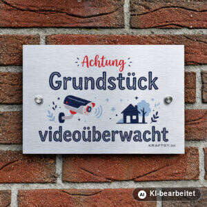 Schild Grundstück videoüberwacht auf silber gebürsteter Aluminium-Verbundplatte, mit Abstandhaltern, an einer Hauswand