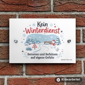 Schild Kein Winterdienst auf weißer Aluminium-Verbundplatte, mit Abstandhaltern, an einer Hauswand
