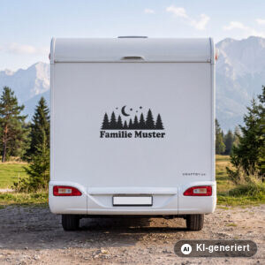 Wohnmobil Aufkleber Wald bei Nacht mit Familienname in Schwarz matt am Heck eines weißen Wohnmobils (Mit KI erstellt)