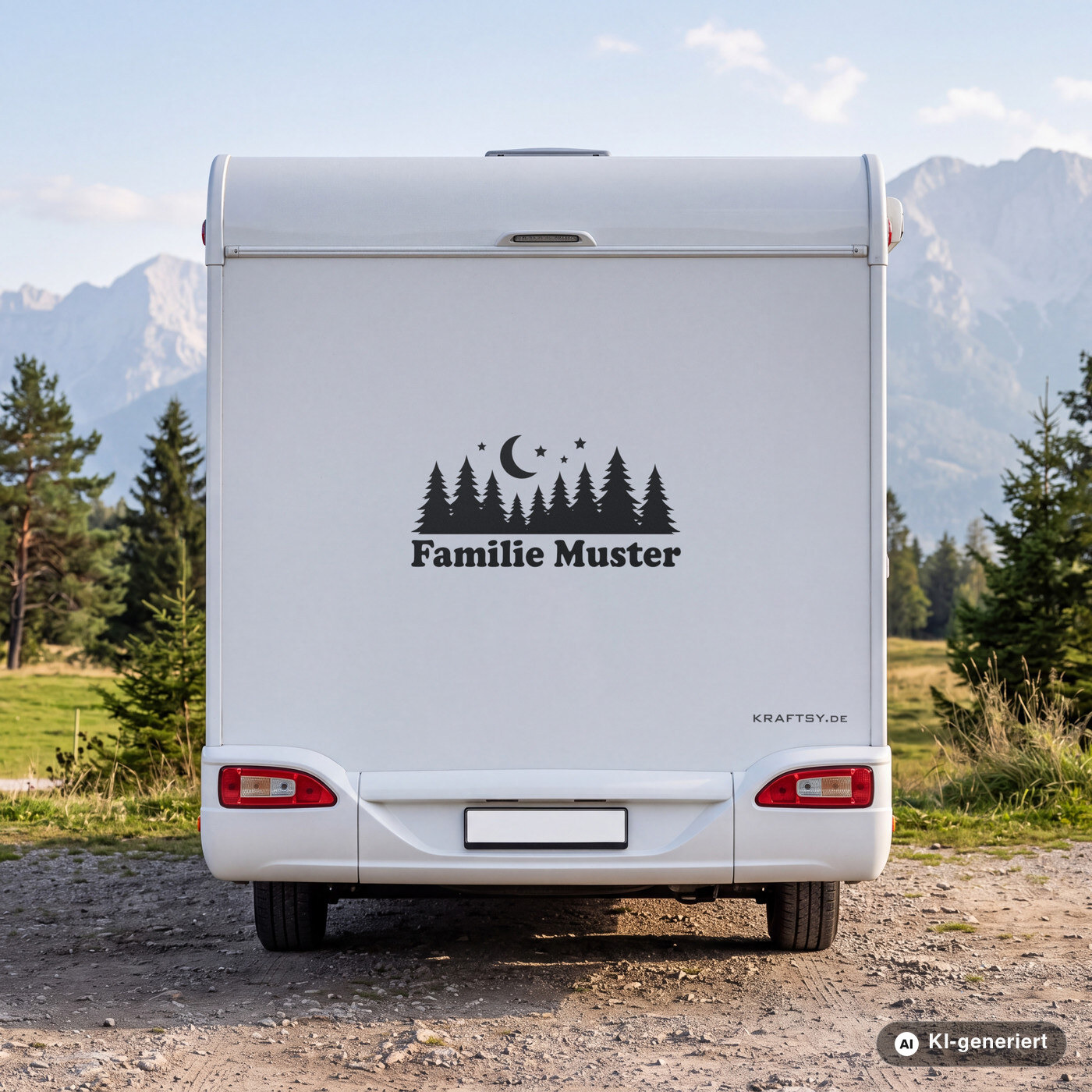Wohnmobil Aufkleber Wald bei Nacht mit Familienname in Schwarz matt am Heck eines weißen Wohnmobils (Mit KI erstellt)