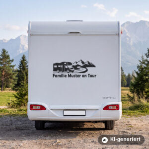Wohnmobil Aufkleber Wohnmobil on Tour mit Familienname in Schwarz matt am Heck eines weißen Wohnmobils (Mit KI erstellt)