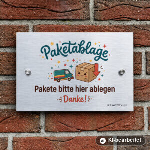 Schild Paketablage auf silber gebürsteter Aluminium-Verbundplatte, mit Abstandhaltern, an einer Hauswand