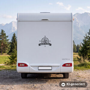 Wohnmobil Aufkleber Kompass on Tour mit Namen in Schwarz matt am Heck eines weißen Wohnmobils (Mit KI erstellt)