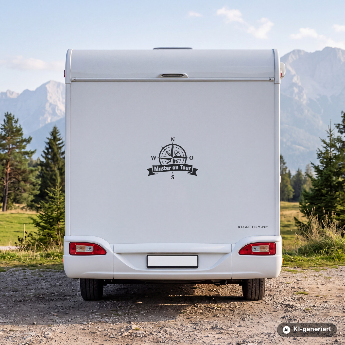Wohnmobil Aufkleber Kompass on Tour mit Namen in Schwarz matt am Heck eines weißen Wohnmobils (Mit KI erstellt)
