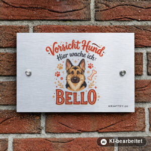 Schild Vorsicht Hund mit Name und Rasse auf silber gebürsteter Aluminium-Verbundplatte, mit Abstandhaltern, an einer Hauswand