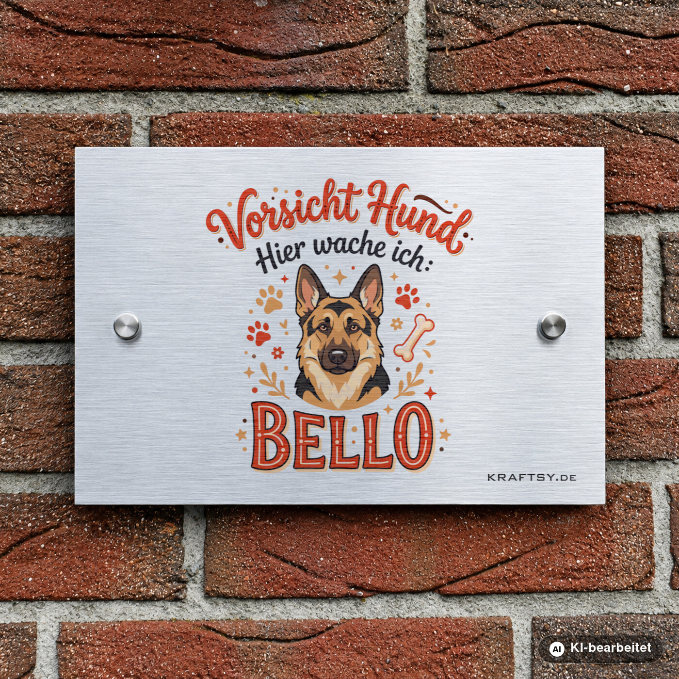 Schild Vorsicht Hund mit Name und Rasse auf silber gebürsteter Aluminium-Verbundplatte, mit Abstandhaltern, an einer Hauswand