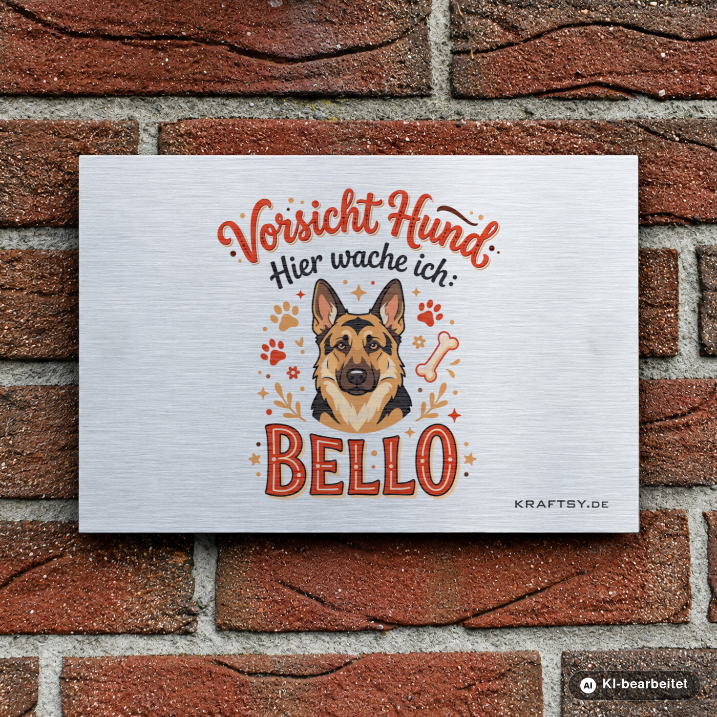 Schild Vorsicht Hund mit Name und Rasse auf silber gebürsteter Aluminium-Verbundplatte, verdeckt montiert, schwebend, an einer Hauswand