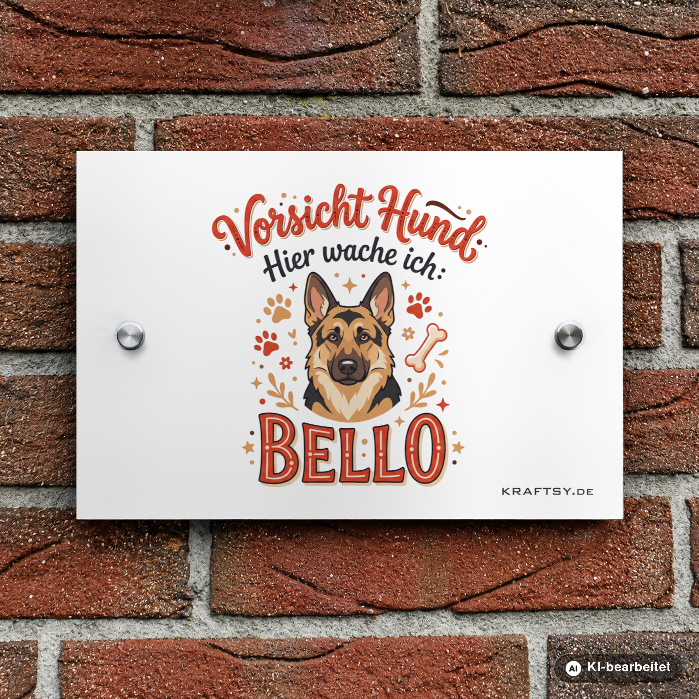 Schild Vorsicht Hund mit Name und Rasse auf weißer Aluminium-Verbundplatte, mit Abstandhaltern, an einer Hauswand