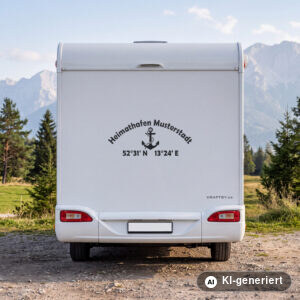 Wohnmobil Aufkleber Heimathafen Anker mit Heimatort und Koordinaten in Schwarz matt am Heck eines weißen Wohnmobils (Mit KI erstellt)