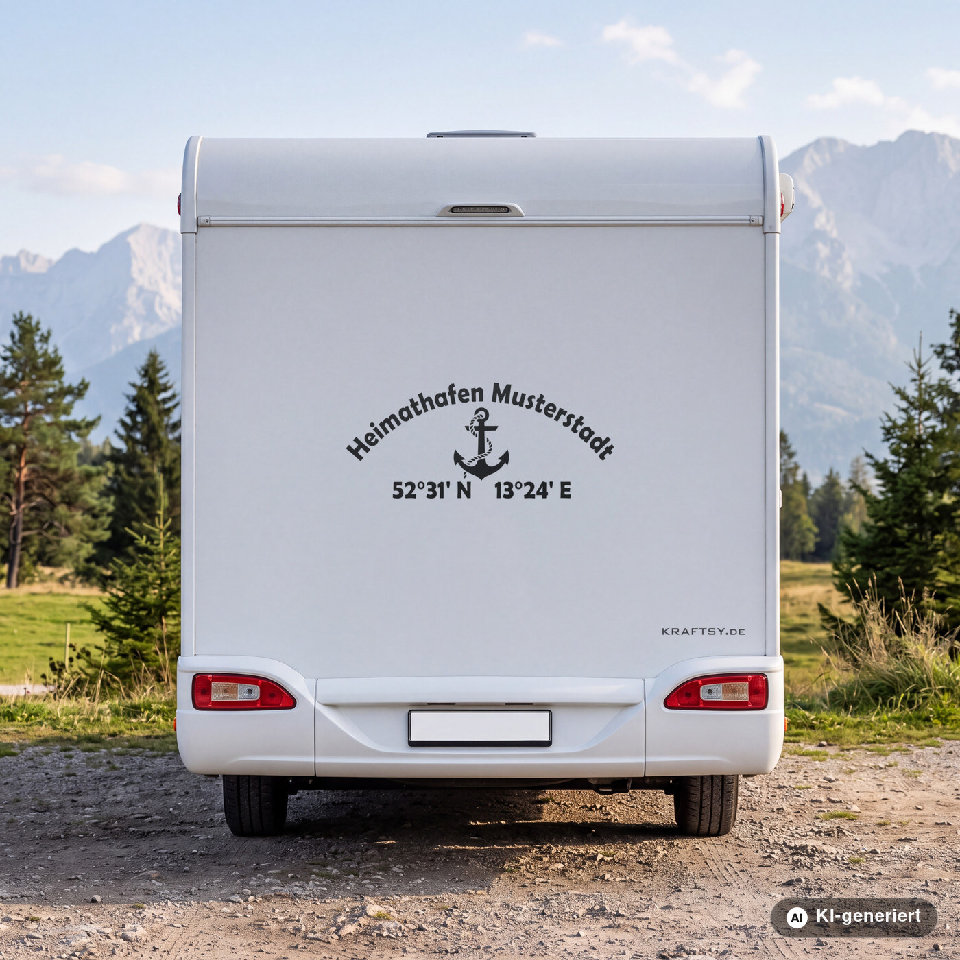 Wohnmobil Aufkleber Heimathafen Anker mit Heimatort und Koordinaten in Schwarz matt am Heck eines weißen Wohnmobils (Mit KI erstellt)