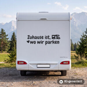 Wohnmobil Aufkleber Zuhause ist, wo wir parken in Schwarz matt am Heck eines weißen Wohnmobils (Mit KI erstellt)