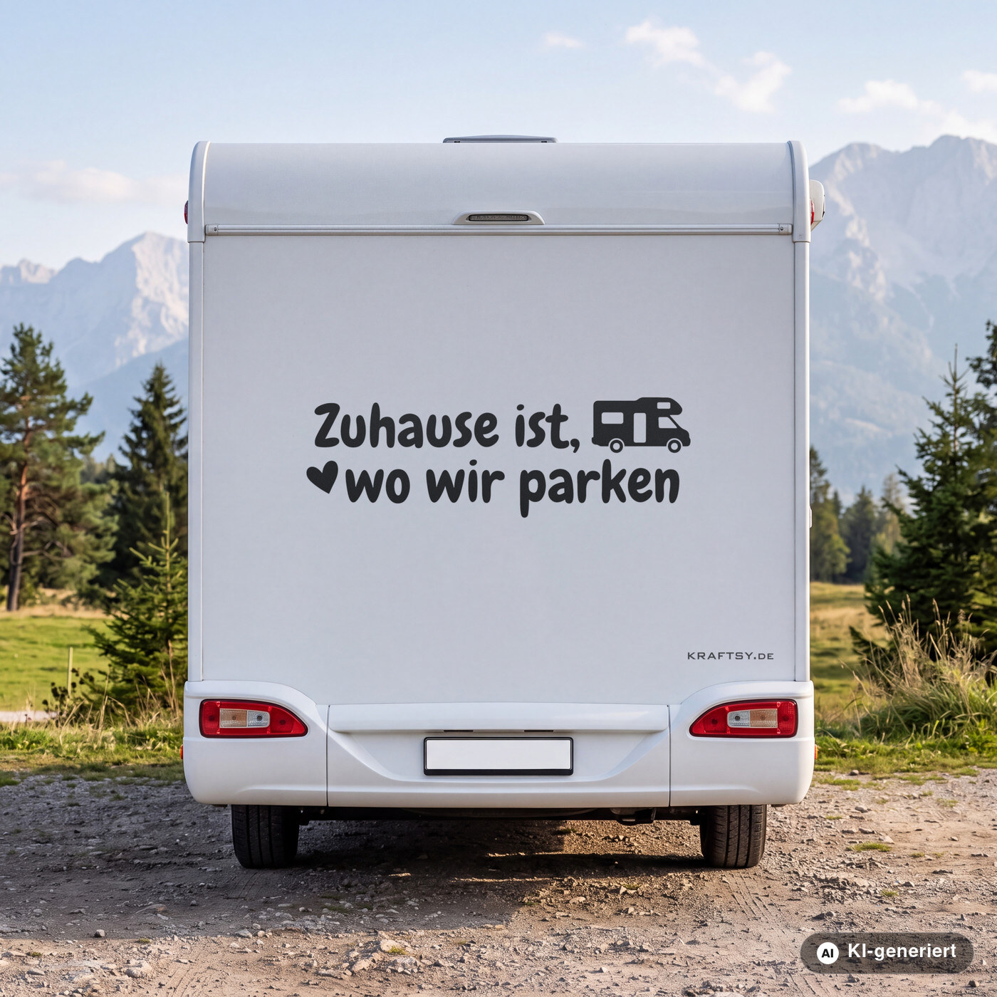Wohnmobil Aufkleber Zuhause ist, wo wir parken in Schwarz matt am Heck eines weißen Wohnmobils (Mit KI erstellt)