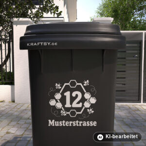 Mülltonnenaufkleber Bienenwaben mit Straßenname und Hausnummer auf einer Mülltonne, Ansicht von vorne (Mit KI bearbeitet)