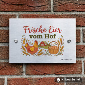 Schild Frische Eier vom Hof auf silber gebürsteter Aluminium-Verbundplatte, mit Abstandhaltern, an einer Hauswand
