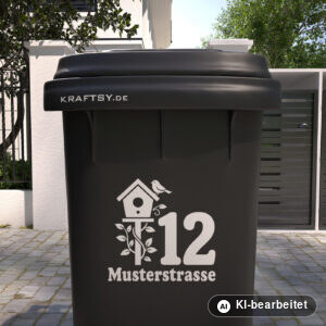 Mülltonnenaufkleber Vogelhaus mit Straßenname und Hausnummer auf einer Mülltonne, Ansicht von vorne (Mit KI bearbeitet)