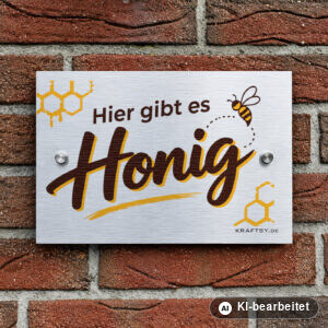 Schild Hier gibt es Honig auf silber gebürsteter Aluminium-Verbundplatte, mit Abstandhaltern, an einer Hauswand