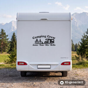 Wohnmobil Aufkleber Camping Crew Familie mit Namen in Schwarz matt am Heck eines weißen Wohnmobils (Mit KI erstellt)