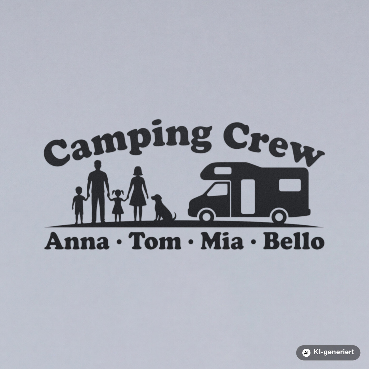 Nahaufnahme: Wohnmobil Aufkleber Camping Crew Familie mit Namen aus mattschwarzer Folie, ohne Hintergrund (Mit KI erstellt)