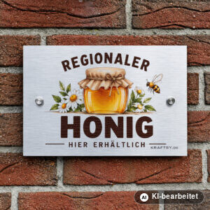 Schild Regionaler Honig hier erhältlich auf silber gebürsteter Aluminium-Verbundplatte, mit Abstandhaltern, an einer Hauswand