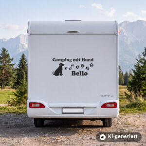 Wohnmobil Aufkleber Camping mit Hund und Hundename in Schwarz matt am Heck eines weißen Wohnmobils (Mit KI erstellt)