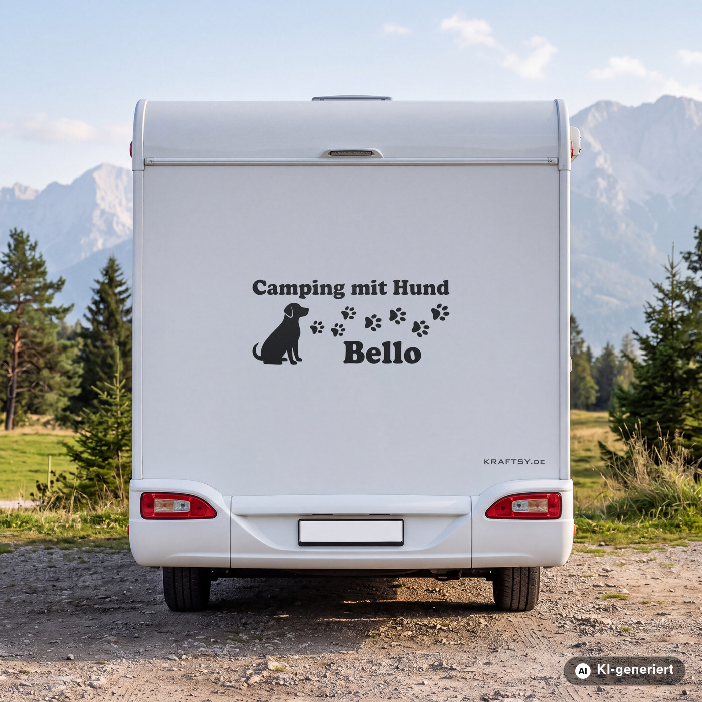 Wohnmobil Aufkleber Camping mit Hund und Hundename in Schwarz matt am Heck eines weißen Wohnmobils (Mit KI erstellt)