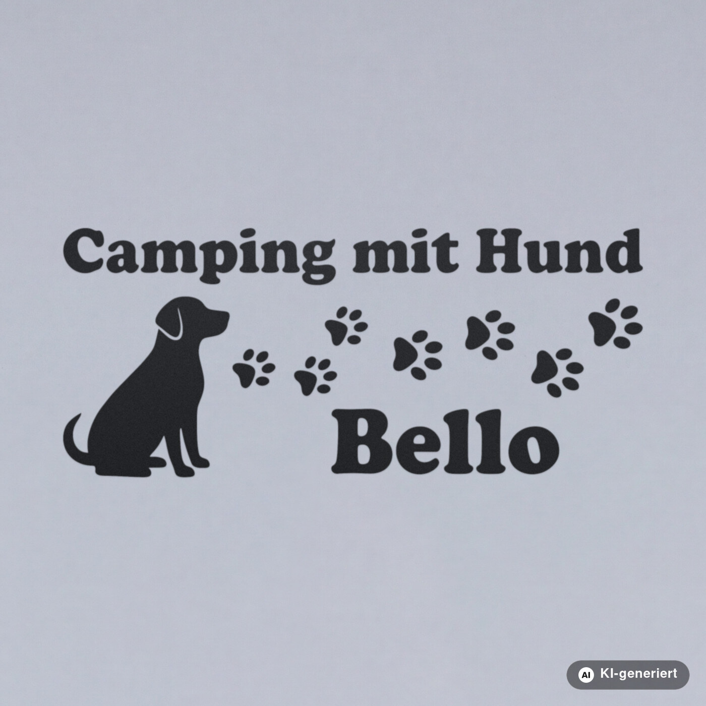 Nahaufnahme: Wohnmobil Aufkleber Camping mit Hund und Hundename aus mattschwarzer Folie, ohne Hintergrund (Mit KI erstellt)