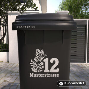 Mülltonnenaufkleber Schmetterling mit Straßenname und Hausnummer auf einer Mülltonne, Ansicht von vorne (Mit KI bearbeitet)
