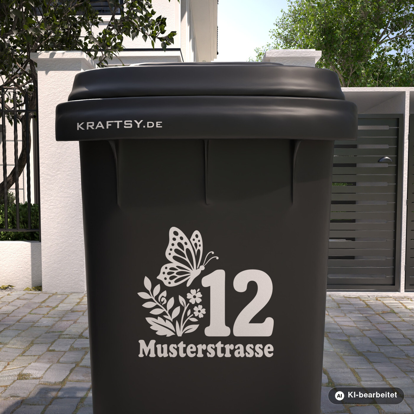 Mülltonnenaufkleber Schmetterling mit Straßenname und Hausnummer auf einer Mülltonne, Ansicht von vorne (Mit KI bearbeitet)