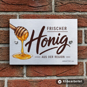 Schild Frischer Honig aus der Region auf silber gebürsteter Aluminium-Verbundplatte, mit Abstandhaltern, an einer Hauswand
