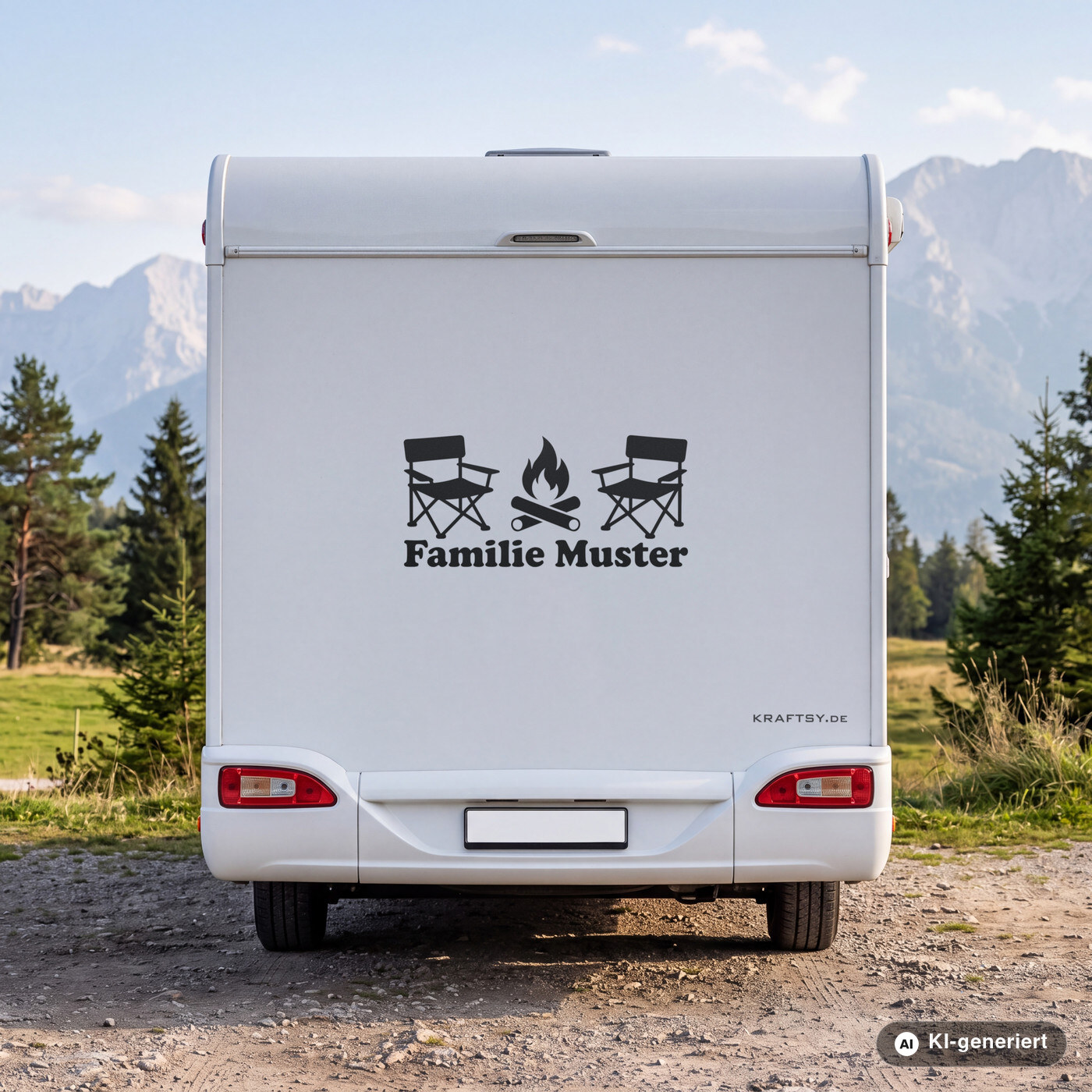 Wohnmobil Aufkleber Lagerfeuer mit Familienname in Schwarz matt am Heck eines weißen Wohnmobils (Mit KI erstellt)