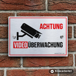 Schild Achtung Videoüberwachung auf silber gebürsteter Aluminium-Verbundplatte, mit Abstandhaltern, an einer Hauswand