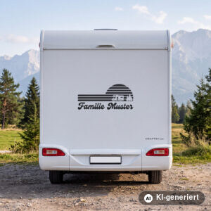 Wohnmobil Aufkleber Retro Sonnenuntergang mit Familienname in Schwarz matt am Heck eines weißen Wohnmobils (Mit KI erstellt)