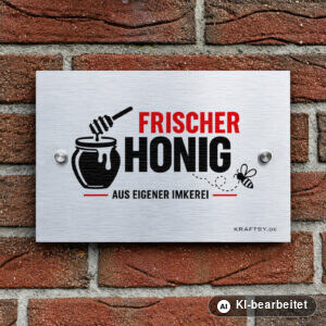 Schild Frischer Honig aus eigener Imkerei auf silber gebürsteter Aluminium-Verbundplatte, mit Abstandhaltern, an einer Hauswand