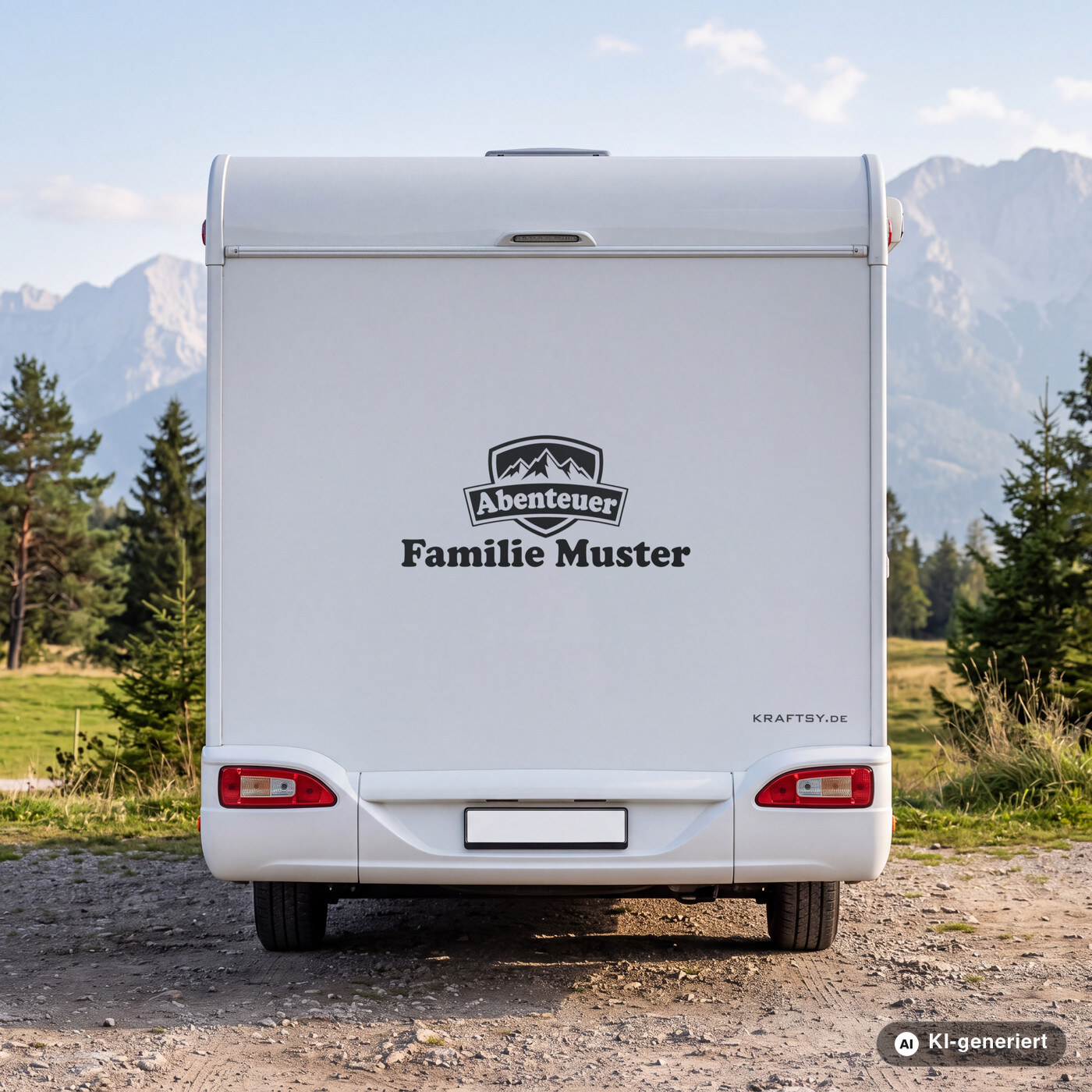 Wohnmobil Aufkleber Abenteuer Wappen mit Familienname in Schwarz matt am Heck eines weißen Wohnmobils (Mit KI erstellt)