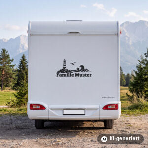 Wohnmobil Aufkleber Leuchtturm mit Familienname in Schwarz matt am Heck eines weißen Wohnmobils (Mit KI erstellt)