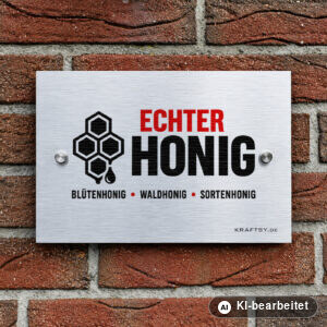 Schild Echter Honig, Blüten- und Waldhonig auf silber gebürsteter Aluminium-Verbundplatte, mit Abstandhaltern, an einer Hauswand
